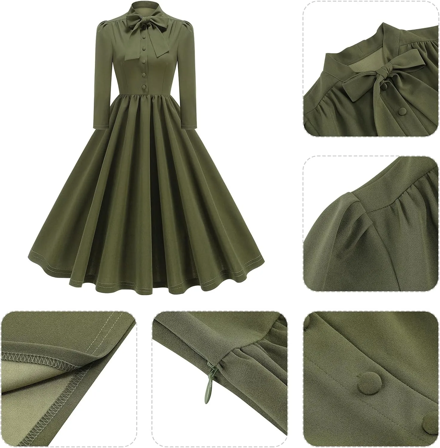 1950s Dresses for Women Vintage Rockabilly Retro 3/4 Puff Sleeve Tie Midi Dress Cocktail Party Evening Prom Gown