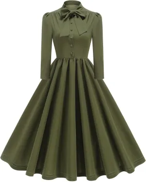 1950s Dresses for Women Vintage Rockabilly Retro 3/4 Puff Sleeve Tie Midi Dress Cocktail Party Evening Prom Gown