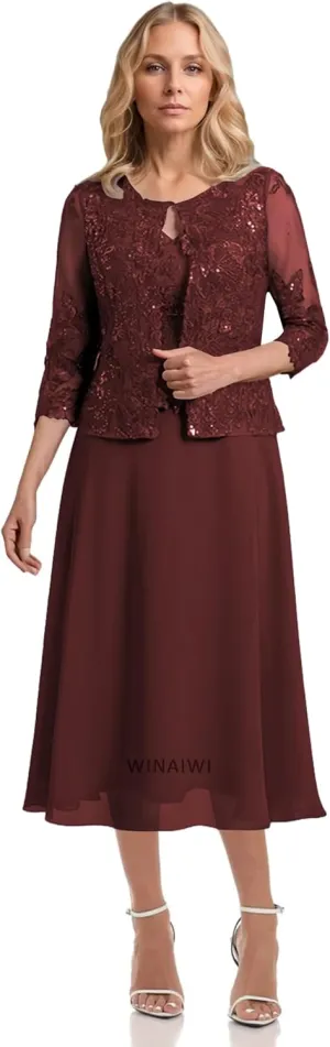 2 Piece Mother of The Bride Dresses Tea Length Lace Chiffon Evening Formal Wedding Guest Dress with Jacket