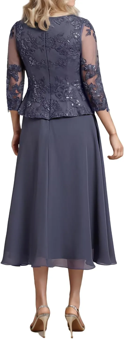 2 Piece Mother of The Bride Dresses Tea Length Lace Chiffon Evening Formal Wedding Guest Dress with Jacket
