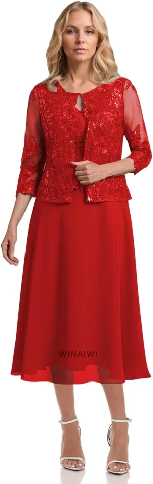 2 Piece Mother of The Bride Dresses Tea Length Lace Chiffon Evening Formal Wedding Guest Dress with Jacket