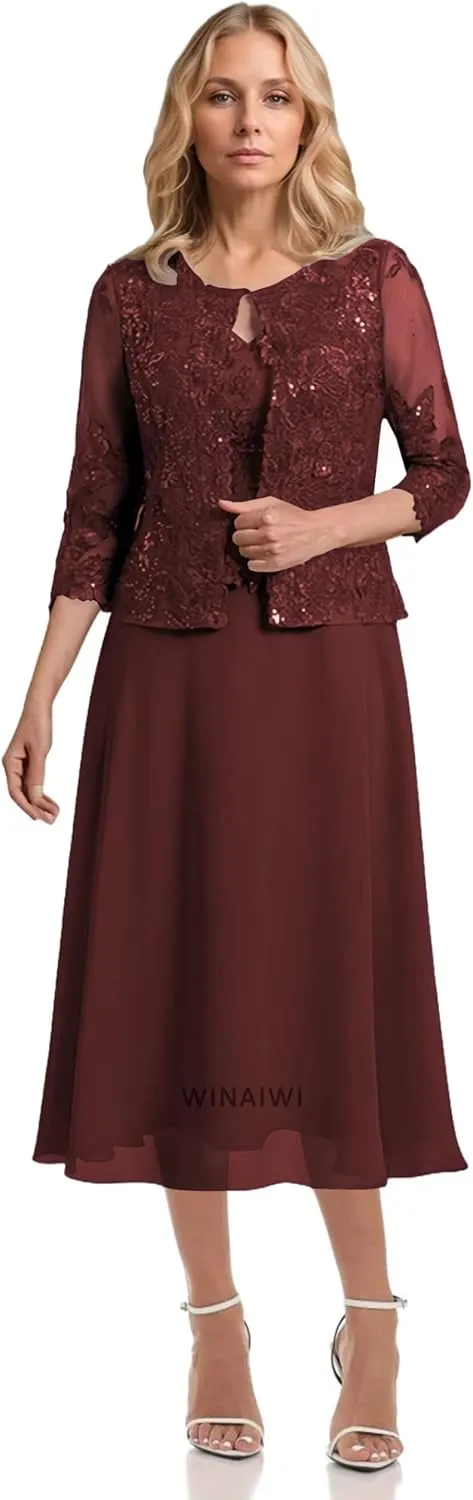 2 Piece Mother of The Bride Dresses Tea Length Lace Chiffon Evening Formal Wedding Guest Dress with Jacket