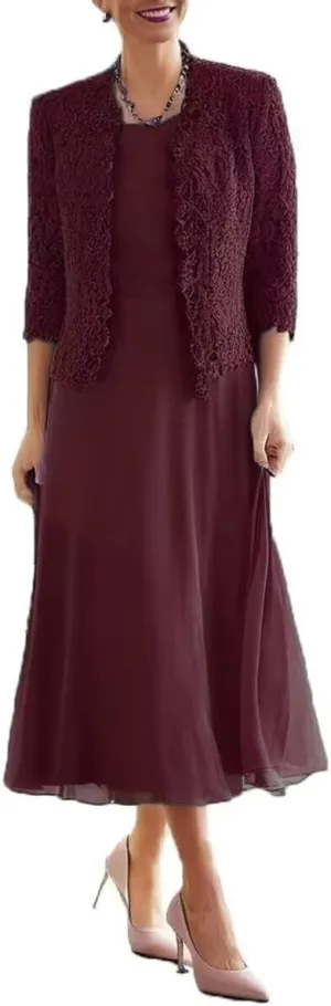 2 Pieces Mother of Bride Dress with Jacket Plus Size Grandmother Dresses Tea Length Formal Evening Gowns PG036