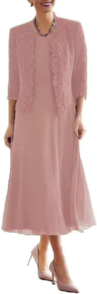 2 Pieces Mother of Bride Dress with Jacket Plus Size Grandmother Dresses Tea Length Formal Evening Gowns PG036