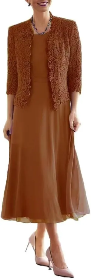 2 Pieces Mother of Bride Dress with Jacket Plus Size Grandmother Dresses Tea Length Formal Evening Gowns PG036