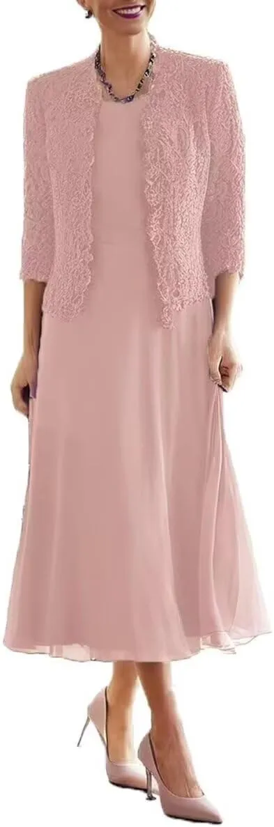 2 Pieces Mother of Bride Dress with Jacket Plus Size Grandmother Dresses Tea Length Formal Evening Gowns PG036