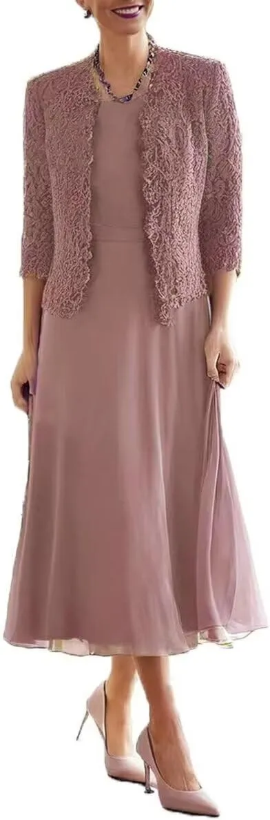 2 Pieces Mother of Bride Dress with Jacket Plus Size Grandmother Dresses Tea Length Formal Evening Gowns PG036