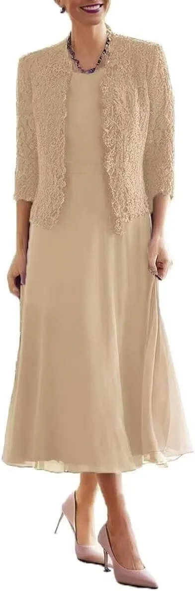 2 Pieces Mother of Bride Dress with Jacket Plus Size Grandmother Dresses Tea Length Formal Evening Gowns PG036