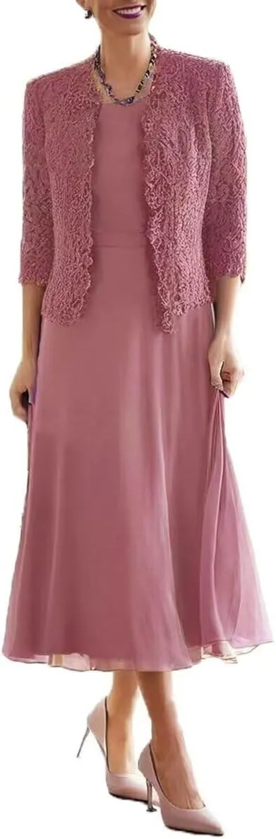 2 Pieces Mother of Bride Dress with Jacket Plus Size Grandmother Dresses Tea Length Formal Evening Gowns PG036