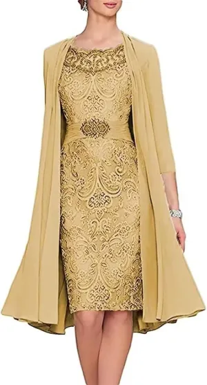 2 Pieces Tea Length Mother of The Bride Dresses for Wedding Beaded Lace Formal Evening Gowns with Jacket PG013