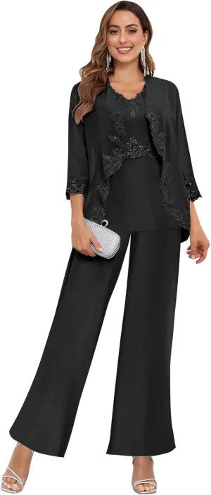3 Piece Mother of The Bride Pant Suits for Women Dressy Wedding Chiffon Beaded Formal Evening Party Pantsuit