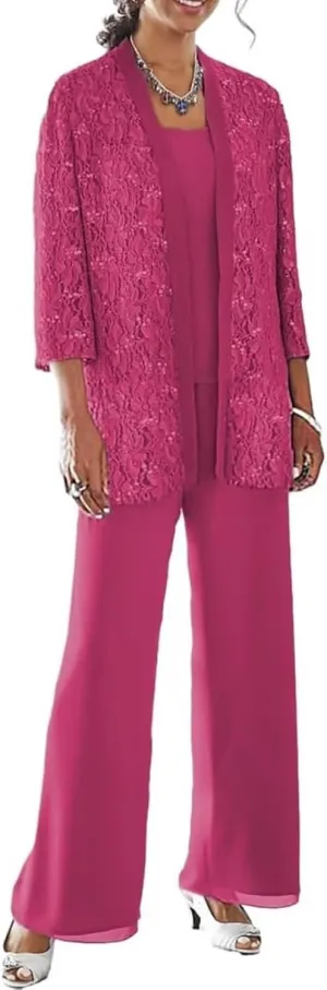 3 Pieces Mother of The Bride Pant Suits for Wedding with Jacket Laces Chiffon Formal Outfit Womens Jumpsuit