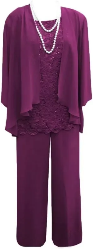 3 Pieces Mother of The Bride Pant Suits Lace Chiffon Formal Wedding Guest Dress with Jacket