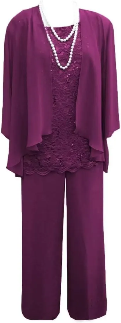 3 Pieces Mother of The Bride Pant Suits Lace Chiffon Formal Wedding Guest Dress with Jacket