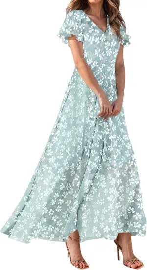 4Th of July Maxi Dresses for Women 2025 Summer Chiffon Ruffle Flowy Swing A Line Dress Short Sleeve Floral Frocks