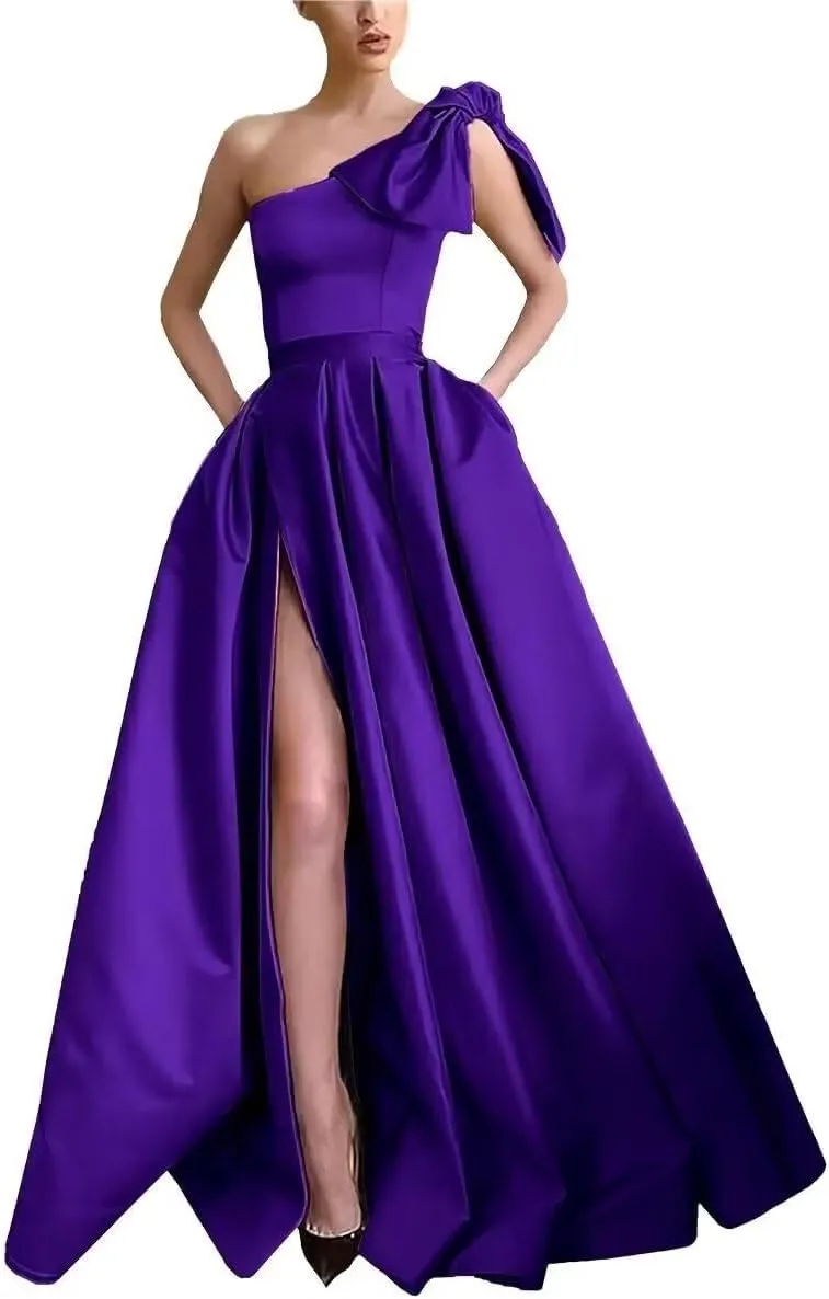 A Line One Shoulder Satin Long Prom Dress for Women, Sleeveless Formal Evening Party Gown with Side Slit