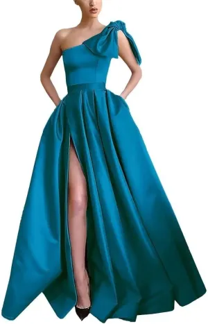 A Line One Shoulder Satin Long Prom Dress for Women, Sleeveless Formal Evening Party Gown with Side Slit