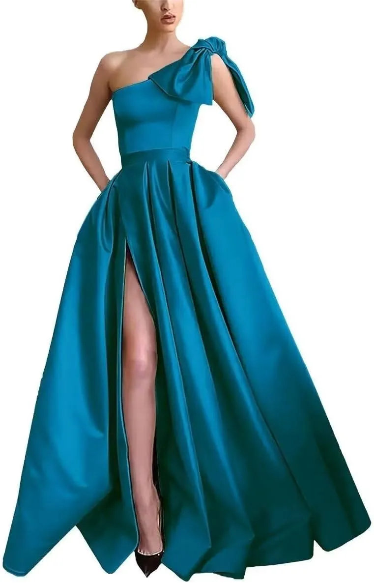 A Line One Shoulder Satin Long Prom Dress for Women, Sleeveless Formal Evening Party Gown with Side Slit