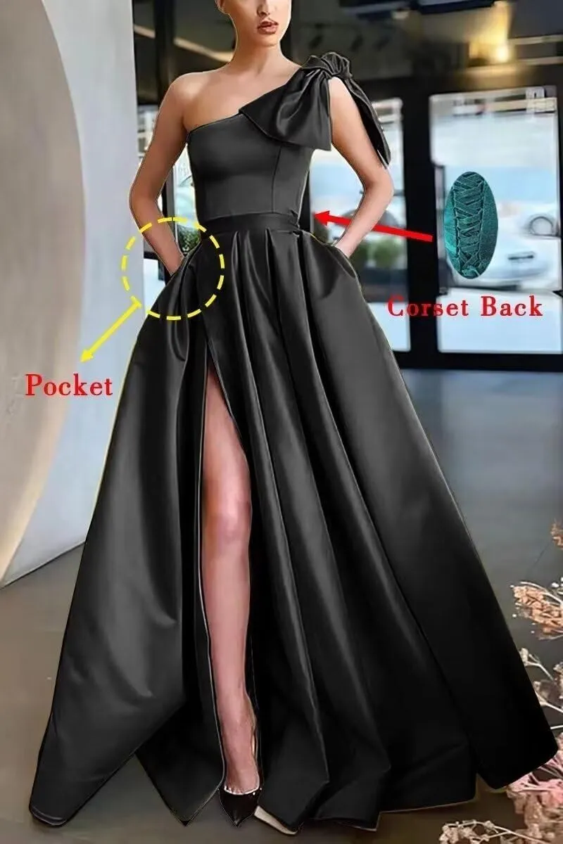 A Line One Shoulder Satin Long Prom Dress for Women, Sleeveless Formal Evening Party Gown with Side Slit