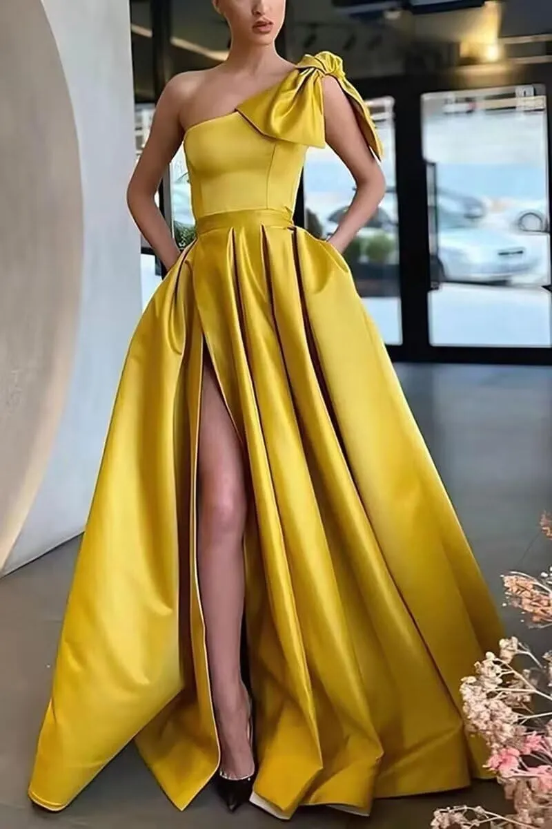 A Line One Shoulder Satin Long Prom Dress for Women, Sleeveless Formal Evening Party Gown with Side Slit