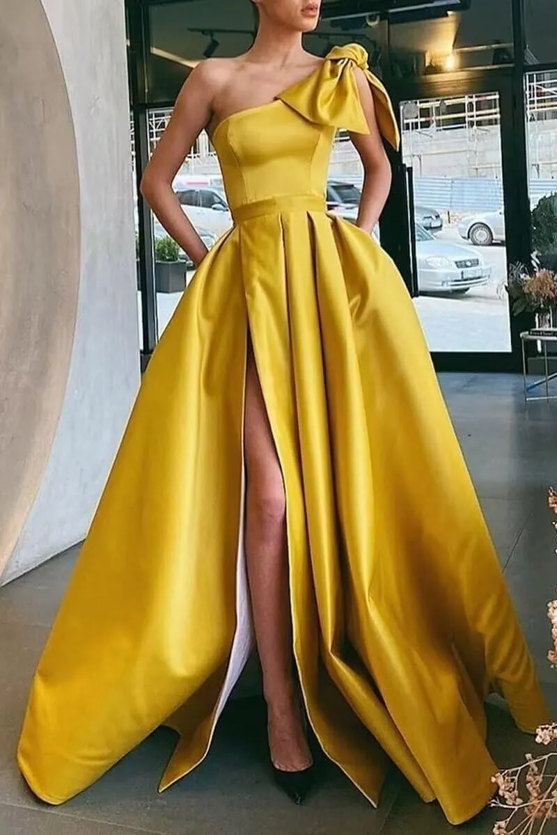A Line One Shoulder Satin Long Prom Dress for Women, Sleeveless Formal Evening Party Gown with Side Slit