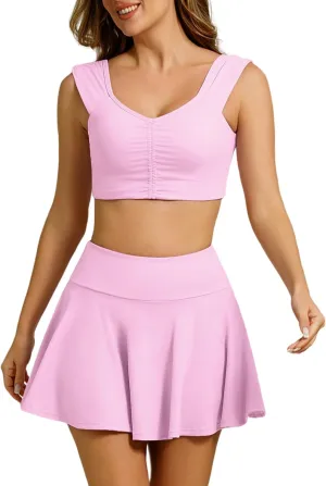 ABOCIW 2 Piece Tennis Dresses for Women High Waist Pleated Tennis Skirt Sports Bra Workout Crop Tank Top Golf Outfits