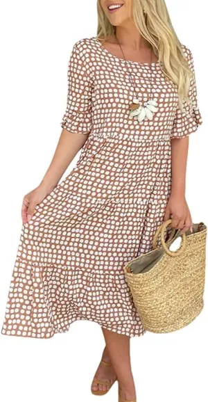 Akivide Women's Summer Flutter Short Sleeve Polka Dot Midi Dress Flowy Casual Loose Bohemian Tiered Beach Dress