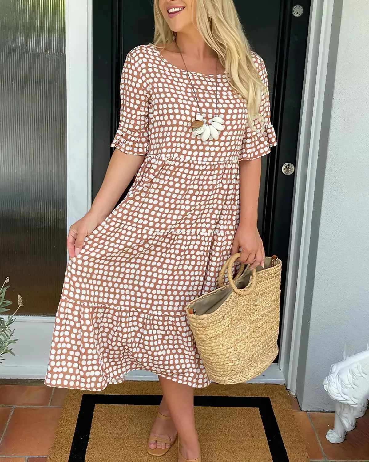Akivide Women's Summer Flutter Short Sleeve Polka Dot Midi Dress Flowy Casual Loose Bohemian Tiered Beach Dress