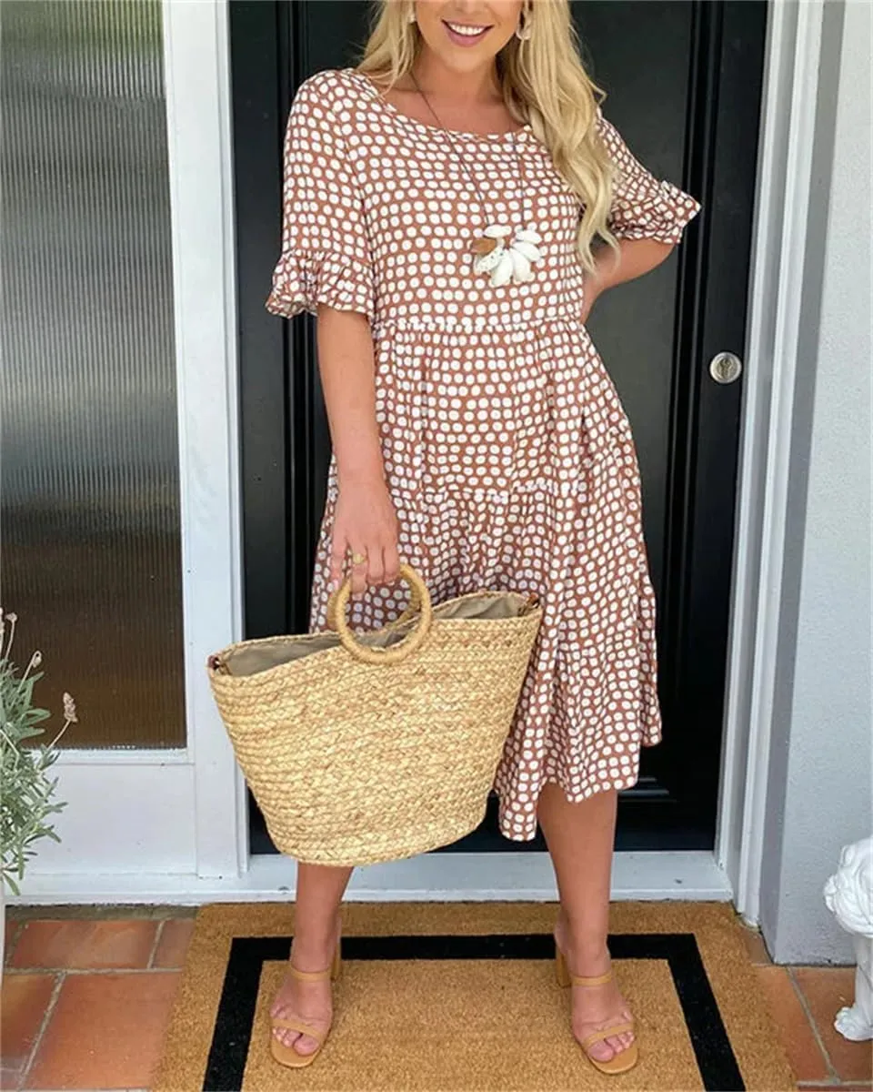 Akivide Women's Summer Flutter Short Sleeve Polka Dot Midi Dress Flowy Casual Loose Bohemian Tiered Beach Dress