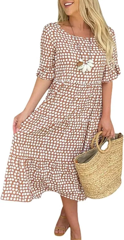 Akivide Women's Summer Flutter Short Sleeve Polka Dot Midi Dress Flowy Casual Loose Bohemian Tiered Beach Dress