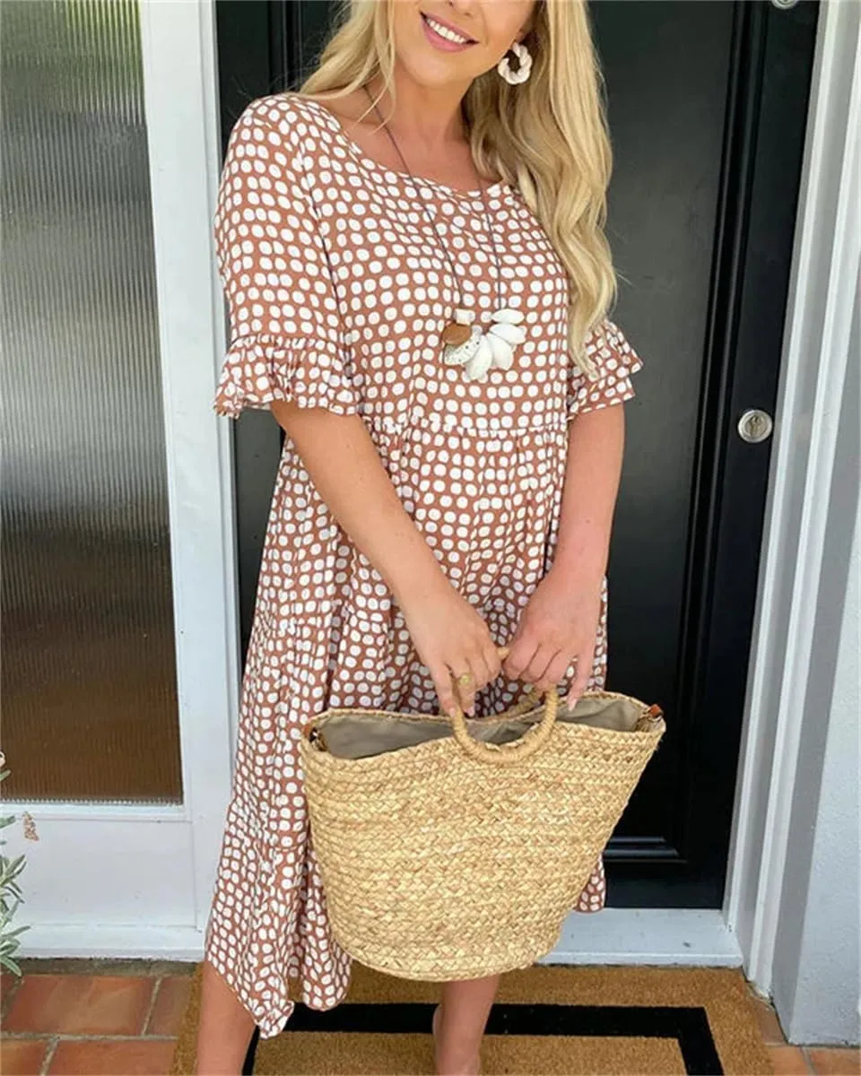 Akivide Women's Summer Flutter Short Sleeve Polka Dot Midi Dress Flowy Casual Loose Bohemian Tiered Beach Dress