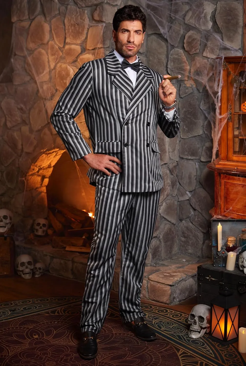 Arvilhill Men's Gomez Addams Costume Halloween 1920s Pinstripe Blazer Suit with Pant & Necktie (M-XXL)