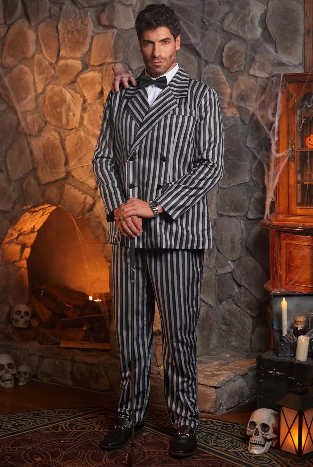 Arvilhill Men's Gomez Addams Costume Halloween 1920s Pinstripe Blazer Suit with Pant & Necktie (M-XXL)