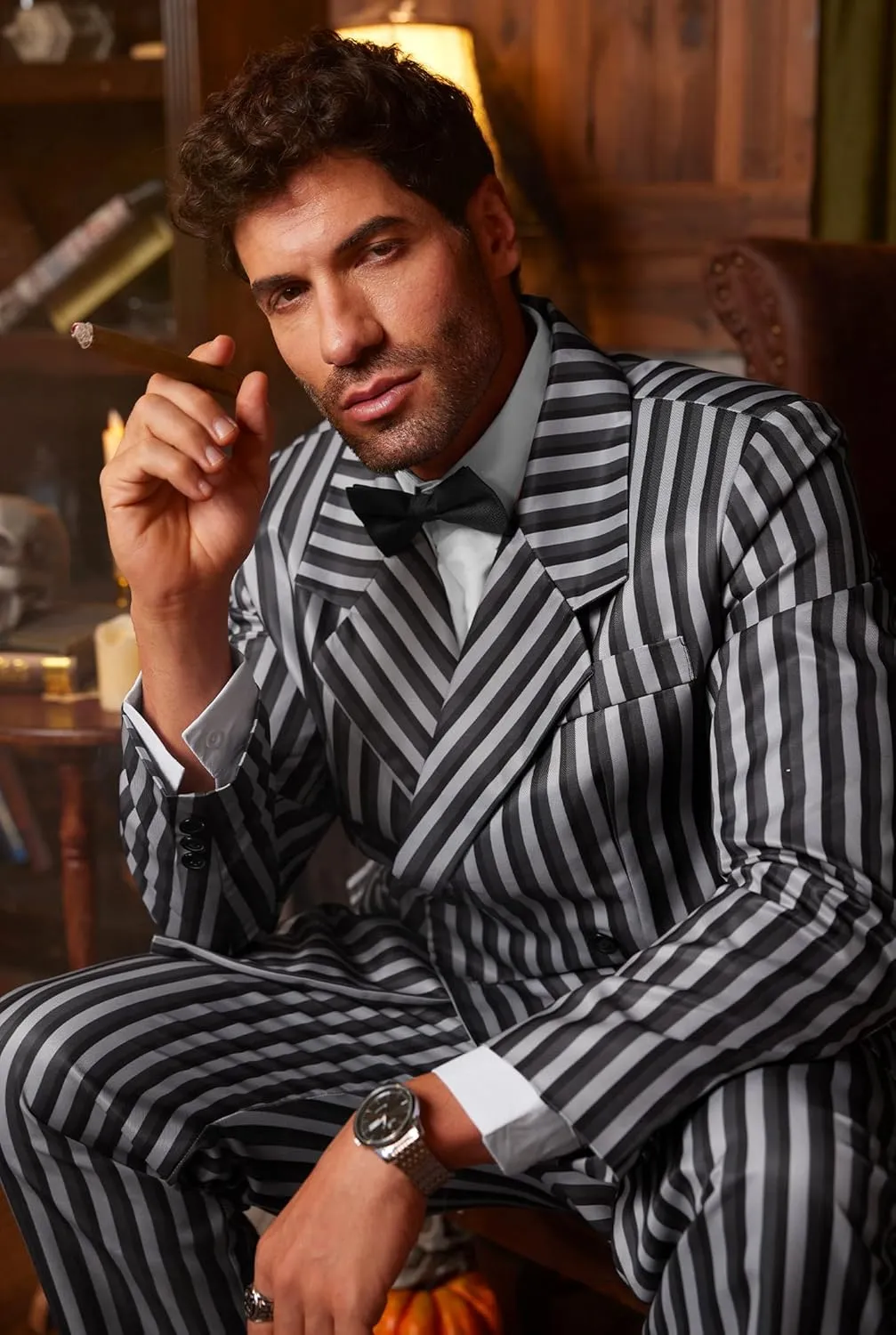 Arvilhill Men's Gomez Addams Costume Halloween 1920s Pinstripe Blazer Suit with Pant & Necktie (M-XXL)