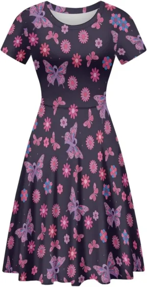 Binienty Graphic Print Women Dresses Puffy O-Neck Round Neck Length Swing Summer Casual Short Sleeve Plus Size S-4XL