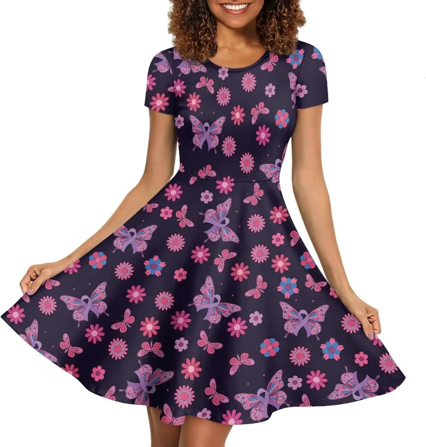 Binienty Graphic Print Women Dresses Puffy O-Neck Round Neck Length Swing Summer Casual Short Sleeve Plus Size S-4XL