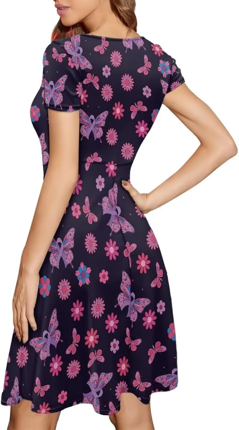 Binienty Graphic Print Women Dresses Puffy O-Neck Round Neck Length Swing Summer Casual Short Sleeve Plus Size S-4XL
