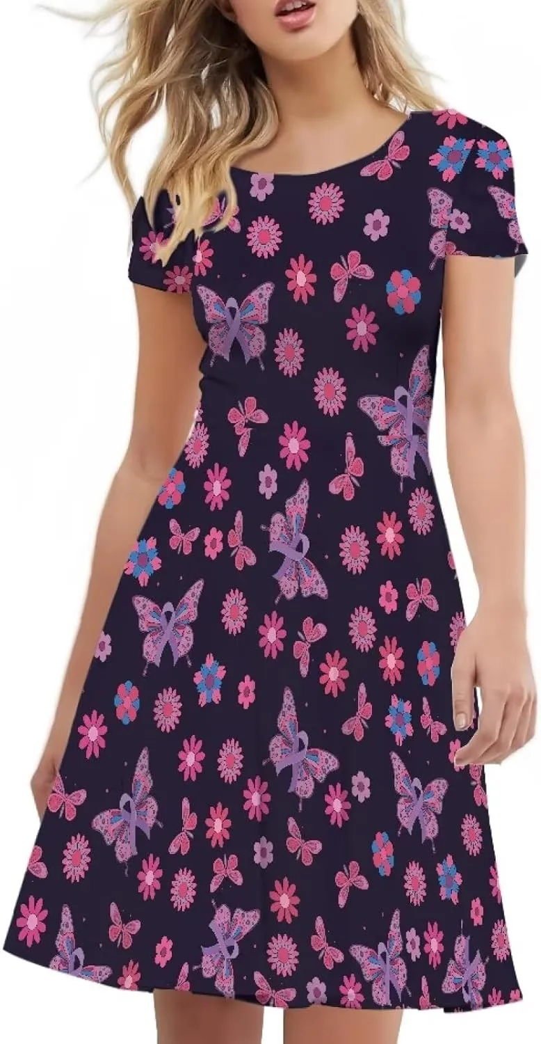 Binienty Graphic Print Women Dresses Puffy O-Neck Round Neck Length Swing Summer Casual Short Sleeve Plus Size S-4XL