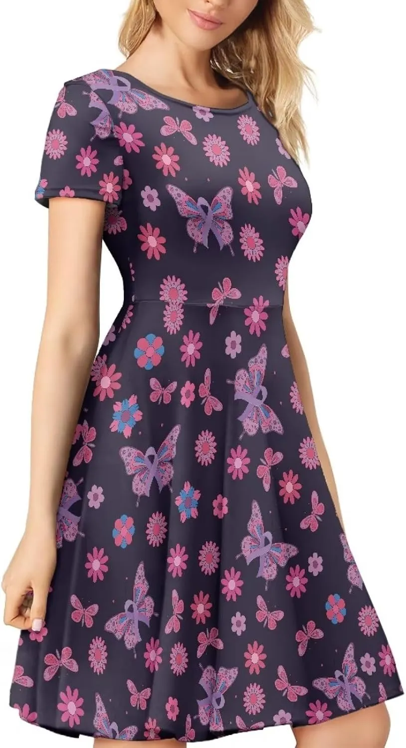Binienty Graphic Print Women Dresses Puffy O-Neck Round Neck Length Swing Summer Casual Short Sleeve Plus Size S-4XL