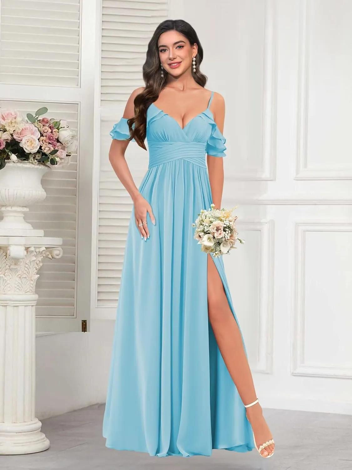BITALY Chiffon Long Bridesmaid Dresses for Wedding V Neck Ruffled Evening Party Dress BI176