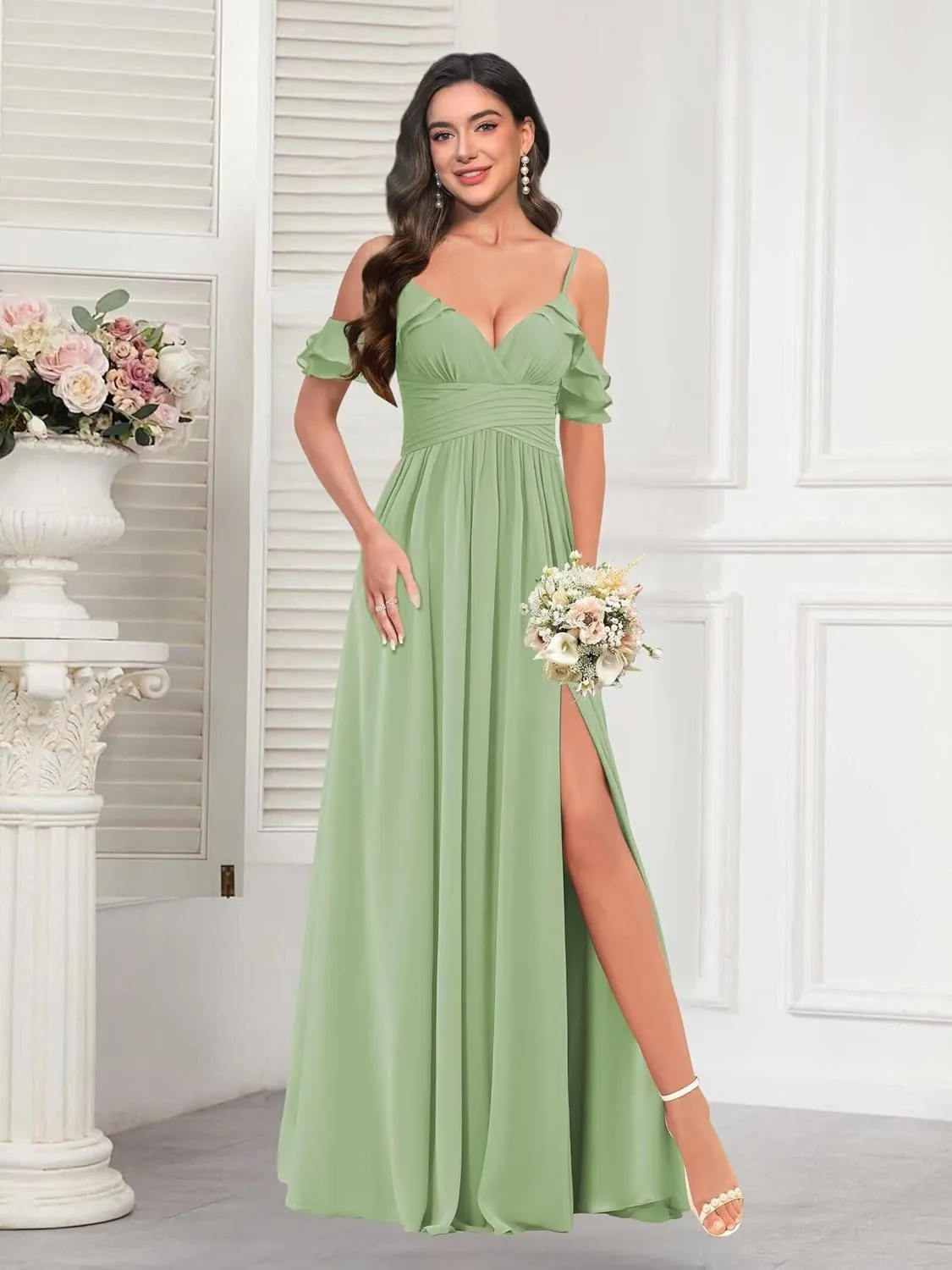 BITALY Chiffon Long Bridesmaid Dresses for Wedding V Neck Ruffled Evening Party Dress BI176