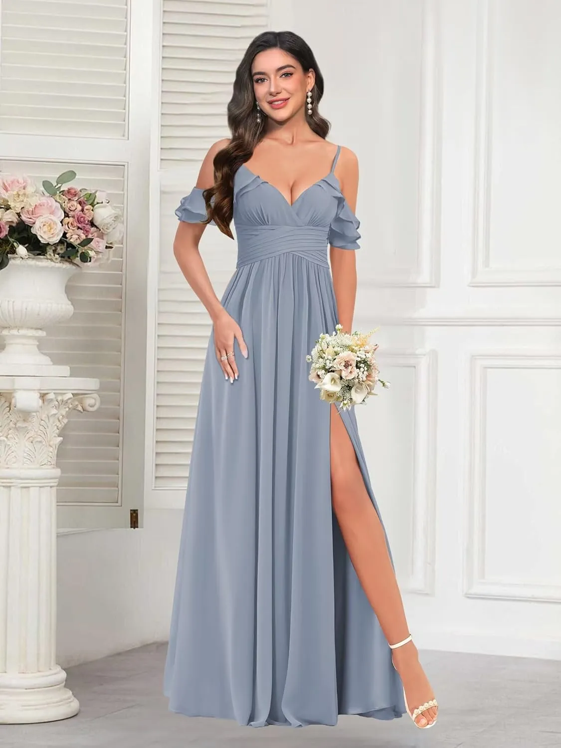BITALY Chiffon Long Bridesmaid Dresses for Wedding V Neck Ruffled Evening Party Dress BI176