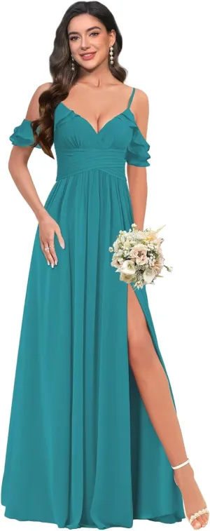 BITALY Chiffon Long Bridesmaid Dresses for Wedding V Neck Ruffled Evening Party Dress BI176