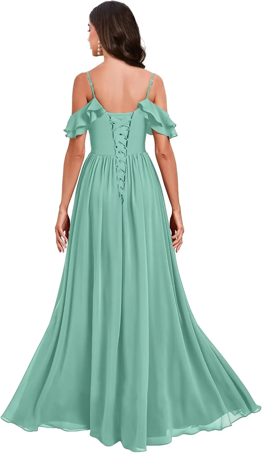 BITALY Chiffon Long Bridesmaid Dresses for Wedding V Neck Ruffled Evening Party Dress BI176