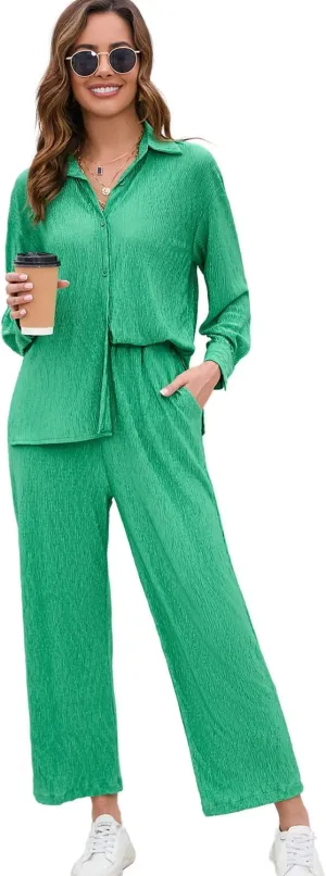 BLUEMING Women Two Piece Casual Outfits Y2K Loungewear Pleated Wide Leg Pants Long Sleeve Button Down Shirt Streetwear Set