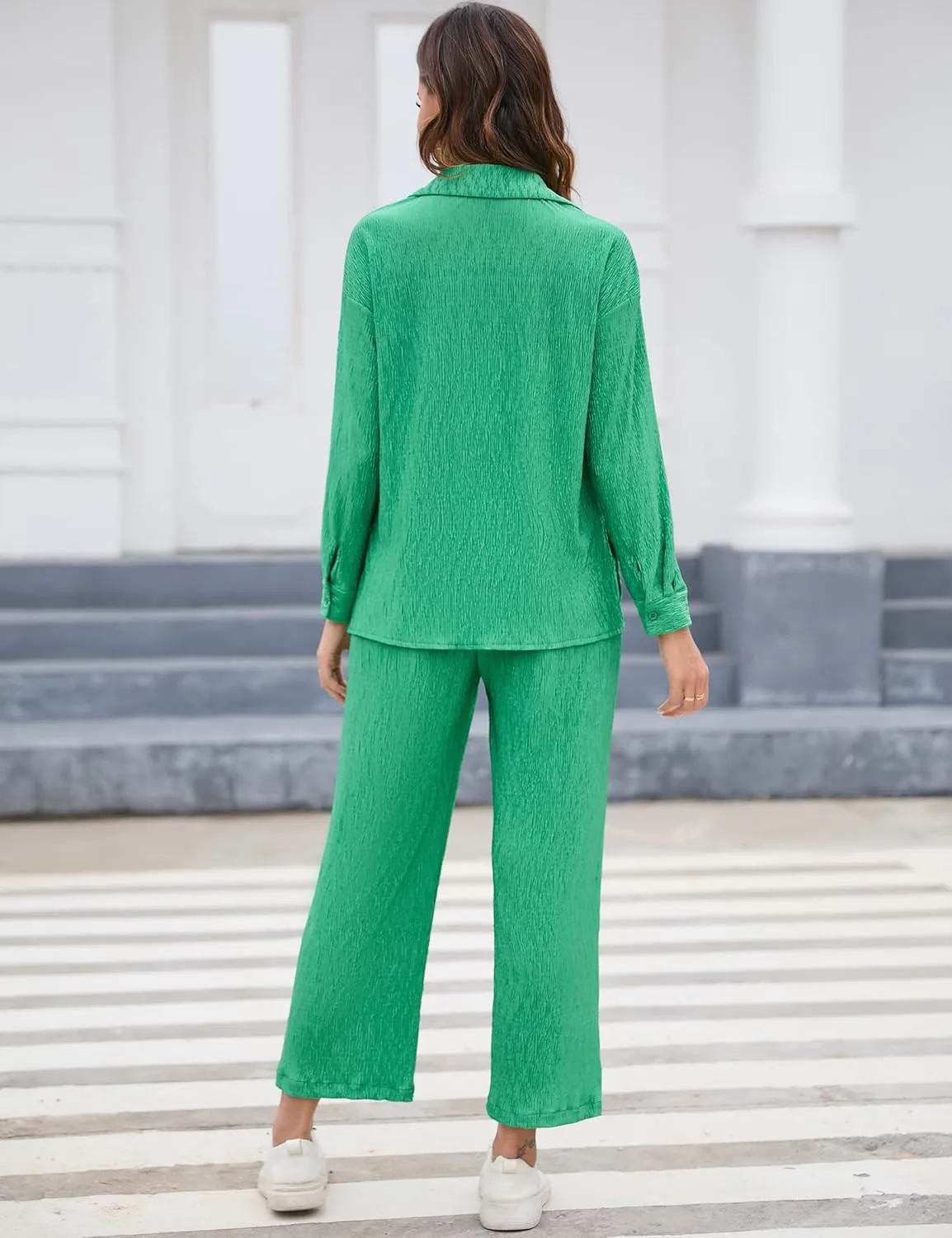 BLUEMING Women Two Piece Casual Outfits Y2K Loungewear Pleated Wide Leg Pants Long Sleeve Button Down Shirt Streetwear Set