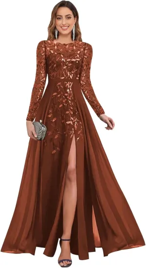 BOLENSYE Long Sleeve A Line Mother of The Bride Dresses with Slit Crew Neck Sequin Sparkly Evening Party Gown
