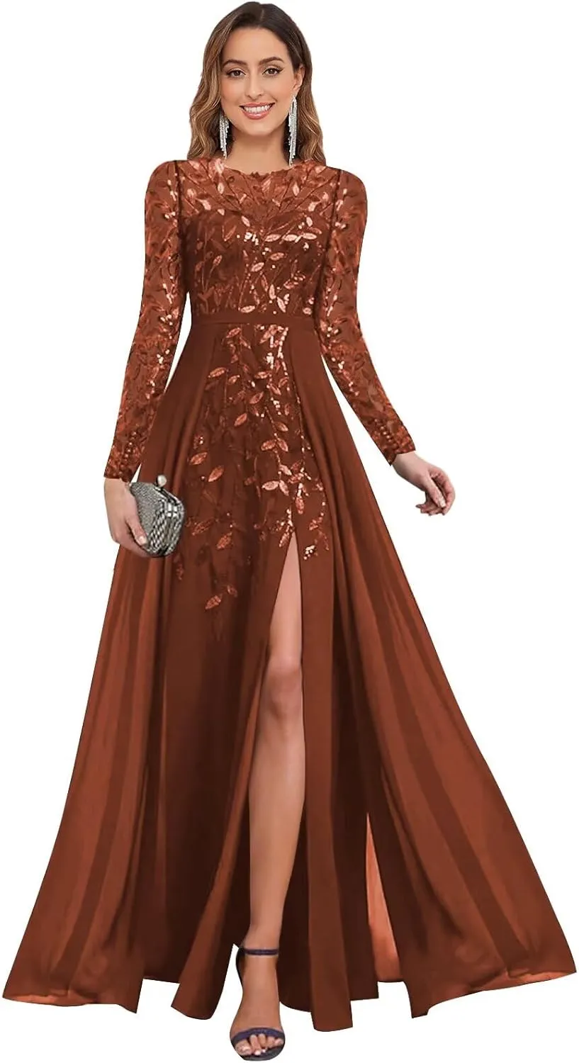 BOLENSYE Long Sleeve A Line Mother of The Bride Dresses with Slit Crew Neck Sequin Sparkly Evening Party Gown