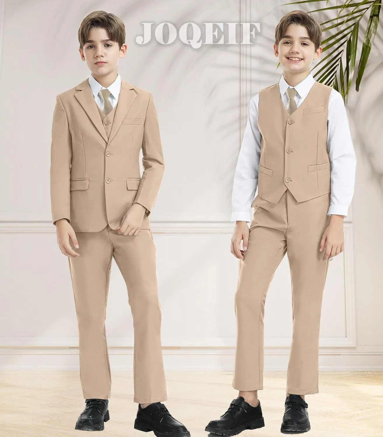 Boys Formal Suit Set with Dress Shirt Tie and Pocket Square, Adjustable Waist