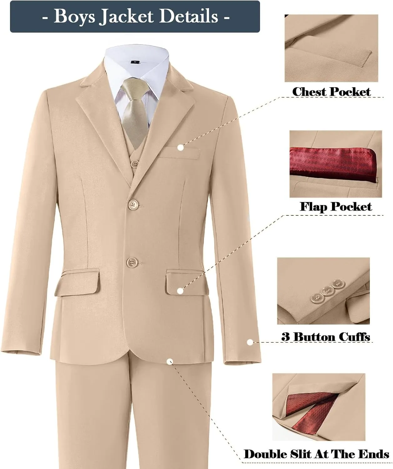 Boys Formal Suit Set with Dress Shirt Tie and Pocket Square, Adjustable Waist